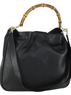 Authentic GUCCI Bamboo Shoulder Bag Leather 2way Black Gold 001 1577